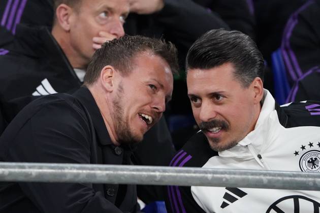 Fussball, Freundschaftsspiel, Länderspiel, Testspiel, Frankreich-Deutschland, 23.03.2024, Groupama Stadium Lyon Julian Nagelsmann,Trainer, Sandro Wagner Co-trainer Deutschland, Aktion, Einzelbild