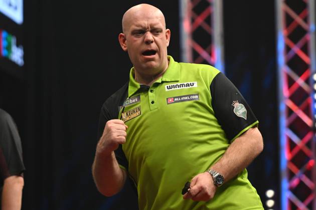 Bilder des Jahres 2024, Sport 04 April Sport Themen der Woche KW14 Sport Bilder des Tages 01.04.2024, München, Deutschland (GER): Michael van Gerwen (NL), NEO.bet German Dart Grand Prix München, PDC European Tour 24