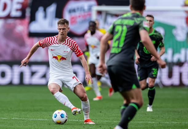 Leipzigs Dani Olmo. Fussball 1. Bundesliga, 29. Spieltag: RB Leipzig - VfL Wolfsburg. 13. April 2024: Leipzig, Red Bull Arena. RB Leipzig - VfL Wolfsburg