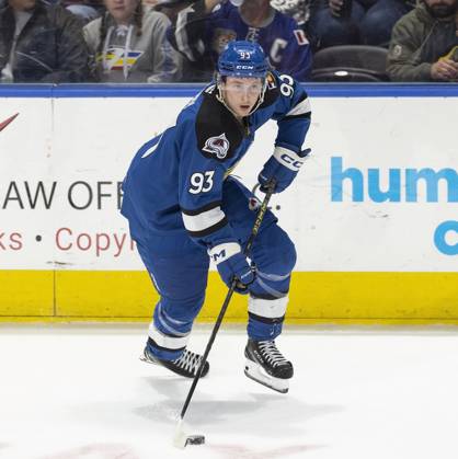 April 26, 2024, Loveland, Colorado, USA: Eagles F JEAN-LUC-FOUDY skates up ice with the puck Friday night at the Blue FCU Arena. The Eagles beat the Canucks 5-4 in OT. Loveland USA - ZUMAav4_ 20240426_zaf_av4_036 Copyright: xHectorxAcevedox