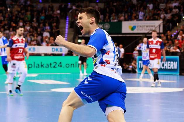 Daniel Fernandez (TVB Stuttgart, 06) jubelt freut sich, Emotion, Freude, Begeisterung GER, TVB Stuttgart (TVB) vs. Handball Verein Hamburg (HSVH), Handball, Maenner, Liqui Moly Handball Bundesliga (HBL), 30. Spieltag, Spielzeit 2023 2024, 28.04.2024 GER, TVB Stuttgart (TVB) vs. Handball Sport Verein Hamburg (HSVH), Handball, Maenner, Liqui Moly Handball Bundesliga (HBL), 30. Spieltag, Spielzeit 2023 2024, 28.04.2024 Stuttgart Copyright: xEibnerxPressefoto OliverxSchmidtx EP_OST