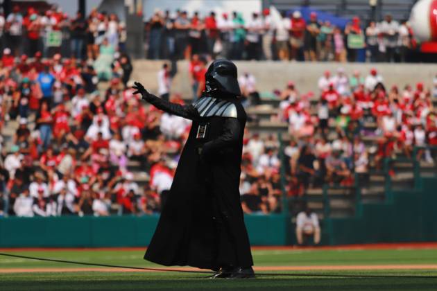May 4, 2024, Mexico City, Ciudad de Mexico, Mexico: A person wearing Darth Vader costume on the occasion of Star Wars Day is seen during the match 2 of the series between Guerreros de Oaxaca and the Diablos Rojos del Mo xico of the Mexican Baseball League (LMB) at the Alfredo Harp Heloº Stadium. Diablos Rojos beat Guerreros de Oaxaca 12-2 Mexico City Mexico - ZUMAe321 20240504_zsa_e321_012 Copyright: xCarlosxSantiago xEyepixxGroupx