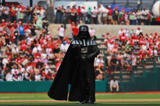 May 4, 2024, Mexico City, Ciudad de Mexico, Mexico: A person wearing Darth Vader costume on the occasion of Star Wars Day is seen during the match 2 of the series between Guerreros de Oaxaca and the Diablos Rojos del Mo xico of the Mexican Baseball League (LMB) at the Alfredo Harp Heloº Stadium. Diablos Rojos beat Guerreros de Oaxaca 12-2 Mexico City Mexico - ZUMAe321 20240504_zsa_e321_014 Copyright: xCarlosxSantiago xEyepixxGroupx