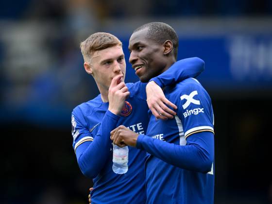 Football - 2023 2024 Premier League - Chelsea vs West ham United - Stamford Bridge - Sunday 5th May 2024. Chelsea s Cole Palmer with Nicolas Jackson (r) after their 5-0 victory. COLORSPORT Ashley Western