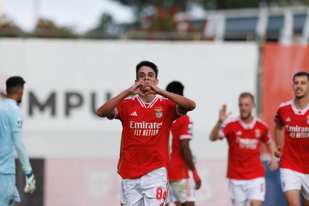 Joao Rego celebrates after scoring goal during Liga Portugal 2 game between SL Benfica B and Pacos De Ferreira at Benfica Campus, Seixal, Lisbon, Portugal. (Maciej Rogowski) Lisbon Benfica Campus Portugal Copyright: xMaciejxRogowskix slb2pacosfull-63