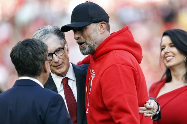 Football - 2023 2024 Premier League - Liverpool vs Wolverhampton Wanderers - Anfield - Sunday 19th May 2024 Liverpool manager Jurgen Klopp with John Henry and Tom Werner of FSG after his final game as manager, at Anfield. 