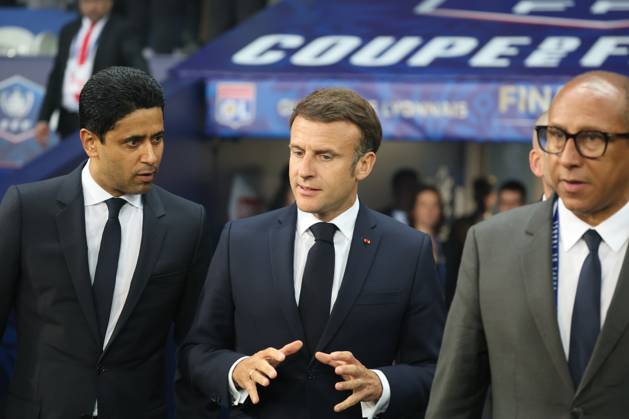 Emmanuel MACRON Prà sident de la Rà publique Francaise et Nasser AL-KHELAÃFI (Prà sident du PSG) lors du match Olympique Lyonnais vs Paris Saint-Germain, Finale Coupe de France, Decathlon Arena stade Pierre Mauroy, le 25 mai 2024 FOOTBALL : Olympique Lyonnais vs Paris Saint-Germain - Finale Coupe de France 25 05 2024 LaurentSanson Panoramic