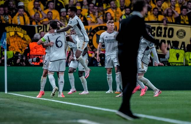 UEFA Champions League 2024 Final: Borussia Dortmund vs. Real Madrid Dani Carvajal scores and celebrates with his teammates during the UEFA Champions League final match between Borussia Dortmund and Real Madrid on 1 June 2024, in London, United Kingdom London Wembley Stadium United Kingdom Copyright: xAlexandraxFechetex _ADR985701