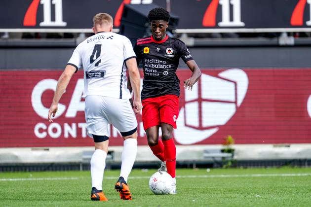 2024-06-02 Excelsior Rotterdam v NAC Breda - Dutch Keuken Kampioen Divisie Promotion Relegation Play Offs Final ROTTERDAM, NETHERLANDS - JUNE 2: Derensili Sanches Fernandes of Excelsior Rotterdam is challenged by Boy Kemper of NAC Breda during the Dutch Keuken Kampioen Divisie Promotion Relegation Play Offs Final match between Excelsior Rotterdam and NAC Breda at Van Donge & De Roo Stadion on June 2, 2024 in Rotterdam, Netherlands. (Photo by Joris Verwijst BSR Agency) Rotterdam Netherlands Content not available for redistribution in The Netherlands directly or indirectly through any third parties. Copyright: xBSRxAgencyx