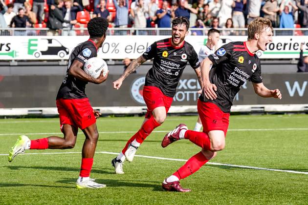 2024-06-02 Excelsior Rotterdam v NAC Breda - Dutch Keuken Kampioen Divisie Promotion Relegation Play Offs Final ROTTERDAM, NETHERLANDS - JUNE 2: Derensili Sanches Fernandes of Excelsior Rotterdam celebrates after scoring his sides third goal with Troy Parrott of Excelsior Rotterdam during the Dutch Keuken Kampioen Divisie Promotion Relegation Play Offs Final match between Excelsior Rotterdam and NAC Breda at Van Donge & De Roo Stadion on June 2, 2024 in Rotterdam, Netherlands. (Photo by Joris Verwijst BSR Agency) Rotterdam Netherlands Content not available for redistribution in The Netherlands directly or indirectly through any third parties. Copyright: xBSRxAgencyx