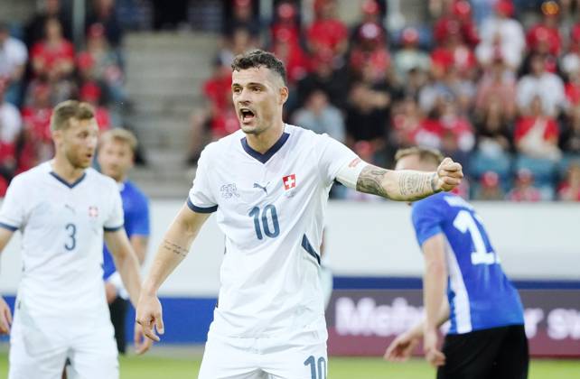 Anton Geisser 04.06.2024 Luzern.Schweiz. Fussball Laenderspiel Schweiz -Estland .Bild : Granit Xhaka (SUI) Einzelbild Gestik Aktion