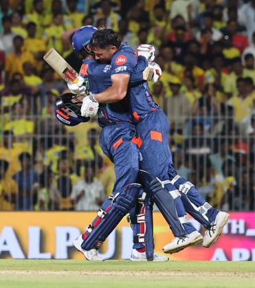 Cricket : Tata IPL 2024 Tata IPL 2024 : Chennai, India, 23rd April 2024: CSK Vs LSG : ( Chennai Super Kings Vs Lucknow Super Giants) In MAC Stadium Chennai. CSK WERE 210-4 IN 20 OVERS. LSG WON BY 6 WICKETS IN 19.3 OVERS. STONIS 124 NOT OUT. Stonis being Celebrated Seshadri SUKUMAR Copyright: xSeshadrixSukumarx