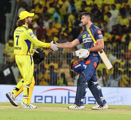 Cricket : Tata IPL 2024 Tata IPL 2024 : Chennai, India, 23rd April 2024: CSK Vs LSG : ( Chennai Super Kings Vs Lucknow Super Giants) In MAC Stadium Chennai. CSK WERE 210-4 IN 20 OVERS. LSG WON BY 6 WICKETS IN 19.3 OVERS. STONIS 124 NOT OUT. MS Dhoni & Stones Seshadri SUKUMAR Copyright: xSeshadrixSukumarx