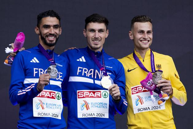 ATHLETICS - European Athletics Championships ROME,ITALY,11.JUN.24 - ATHLETICS - European Athletics Championships,medal ceremony. Image shows Djilali Bedrani, Alexis Miellet (FRA) and Karl Bebendorf (GER). keywords: medal.  GEPAxpictures xPatrickxSteiner
