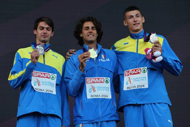 Rome, Italy 12.06.2024: Gianmarco TAMBERI , Vladyslav LAVSKYY, Oleh DOROSHCHUK during High Jump Men Medal Ceremony in European Athletics Championships 2024 at Olympic Stadium in Rome  Copyright: xMarcoxIacobucci IPAxSportx xipa-x xx IPA_47062274 IPA_Agency_IPA47062274_20240612