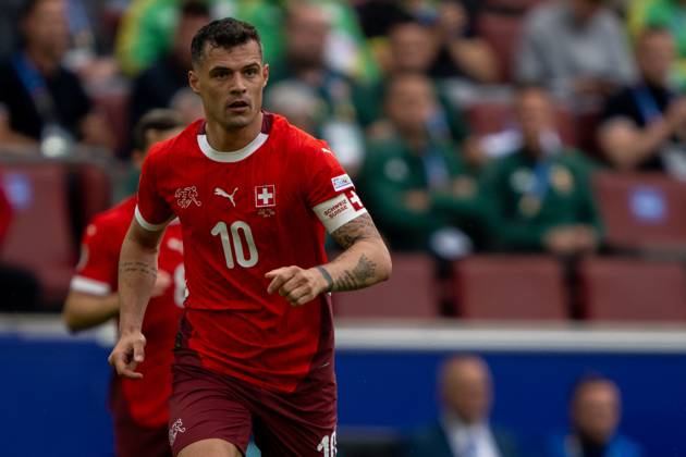 GER, EURO 2024, Group A, Ungarn (HUN) vs Schweiz (SUI) 15.06.2024, Cologne Stadium, Koeln, GER, EURO 2024, Group A, Ungarn (HUN) vs Schweiz (SUI) Im Bild: Granit Xhaka (Schweiz SUI, 10) Einzelaktion, Halbkörper Halbkoerper; Freisteller, Einzelbild, Aktion, Action, Spielszene;