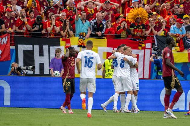 GER, EURO 2024, Group E, Belgien (BEL) vs Slowakei (SVK) 17.06.2024, Frankfurt Arena, Frankfurt, GER, EURO 2024, Group E, Belgien (BEL) vs Slowakei (SVK) Im Bild: Jubel nach dem Tor zum 0 : ;Torjubel Jubel; jubelt; jubeln; durch Ivan Schranz (Slowakei SVK, 26); Gestik, Mimik, Emotionen;