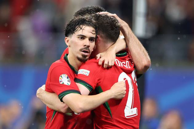 Leipzig Stadium Leipzig, Tuesday, June 18, 2024 UEFA EURO, EM, Europameisterschaft,Fussball 2024 Germany, Group F stage Matchday 1 Group F Portugal - Czechia, Vitinha (Portugal) und Diogo Jota (Portugal) Torjubel, Goal celebration, celebrate the goal Copyright: JoaquimxFerreira