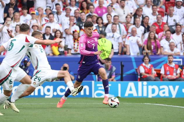 Germany - UEFA EURO, EM, Europameisterschaft,Fussball 2024 - Germany vs Hungary - 19 06 2024 GERMANY, STUTTGART, JUNE 19. Kai Havertz of Germany Is tackled by Marton Dardai of Hungary during the UEFA EURO 2024 group A stage match between Germany and Hungary. On June 19, 2024 at Stuttgart Arena in Stuttgart, Germany. Photo by Manuel Blondeau AOP.Press Stuttgart Stuttgart Arena Germany Copyright: x ManuelxBlondeau AOP.Pressx AOP20240619 0013