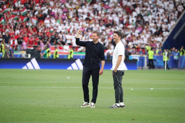 Germany - UEFA EURO, EM, Europameisterschaft,Fussball 2024 - Germany vs Hungary - 19 06 2024 GERMANY, STUTTGART, JUNE 19. Julian Nagelsmann Head Coach of Germany and Benjamin Gluck Assistant Coach of Germany celebrate after their victory at the end the UEFA EURO 2024 group A stage match between Germany and Hungary. On June 19, 2024 at Stuttgart Arena in Stuttgart, Germany. Photo by Manuel Blondeau AOP.Press Stuttgart Stuttgart Arena Germany Copyright: x ManuelxBlondeau AOP.Pressx AOP20240619 0061