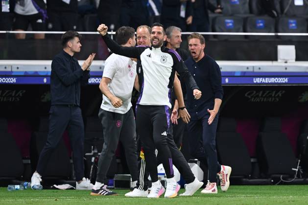 23.06.2024, xscotx, Fussball EM 2024, Schweiz - Deutschland, emspor, v.l. Julian Nagelsmann (Deutschland, Trainer) Jubel, Torjubel, jubelt ueber das Tor, celebrate the goal, celebration Frankfurt am Main