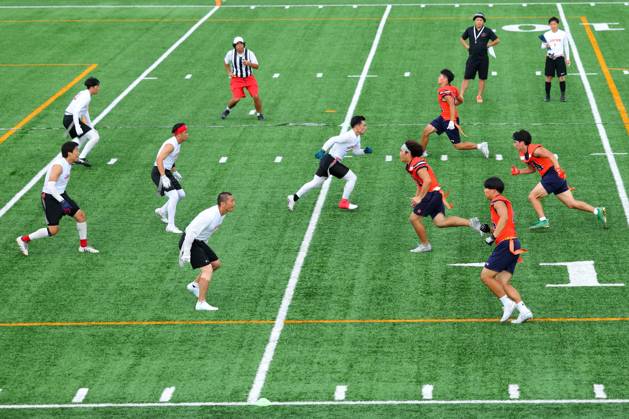 (L-R) Japan team group, Mannschaftsbild, Totale (JPN), Hosei University team group (), JUNE 29,2024 - Flag football : KCFA FLAGBOWL 2024 Exhibition match between Japan and Hosei University at Aminovital Field, Tokyo, Japan. Noxthirdxpartyxsales (258108027)