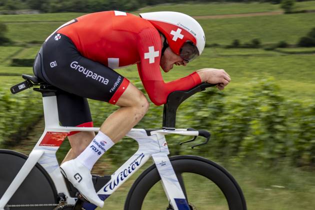 Swiss Stefan Kung of Groupama-FDJ pictured in action during stage 7 of the 2024 Tour de France cycling race, an individual time trial from Nuits-Saint-Georges to Gevrey-Chambertin, France (25,3 km) on Friday 05 July 2024. The 111th edition of the Tour de France starts on Saturday 29 June and will finish in Nice, France on 21 July. DAVIDxPINTENS x95884300x