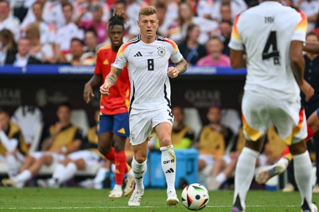 240705 EURO2024 SPAIN VS GERMANY Toni Kroos (8) of Germany pictured during a soccer game between the national teams of Spain and Germany in the Quarter Final stage of the UEFA EURO, EM, Europameisterschaft,Fussball 2024 tournament , on Friday 5 July 2024 in Stuttgart , Germany . PHOTO SPORTPIX David Catry STUTTGART GERMANY Copyright: xx 472046