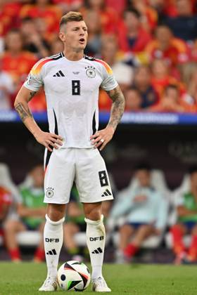 240705 EURO2024 SPAIN VS GERMANY Toni Kroos (8) of Germany pictured during a soccer game between the national teams of Spain and Germany in the Quarter Final stage of the UEFA EURO, EM, Europameisterschaft,Fussball 2024 tournament , on Thursday 5 July 2024 in Stuttgart , Germany . PHOTO SPORTPIX David Catry STUTTGART GERMANY Copyright: xx 473047