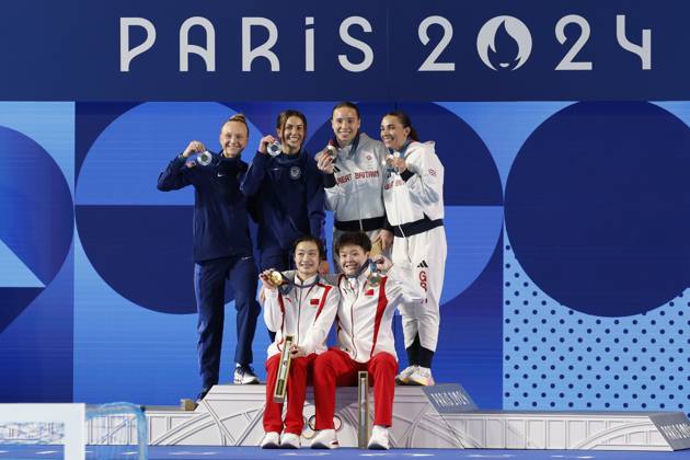 China s divers Yani Chan and Yiwen Chen, gold medal, US Sarah Bacon and Kassidy Cook, silver, and Great Britain s Yasmin Harper and Scarlett Mew Jensen, bronze, at the podium of the Women s synchronised 3M springboard at the Paris 2024 Olympic Games, Olympische Spiele, Olympia, OS in Paris, France, 27 July 2024. Diving - Women s synchronised 3M springboard !ACHTUNG: NUR REDAKTIONELLE NUTZUNG! Copyright: xMiguelxTonax EVE6031 20240727-55014256575_1