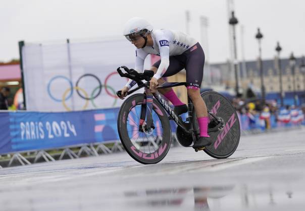 Chloe Dygert of the U.S. competes in the Women s Road cycling, Rad, Radsport, Strasse Individual Time trial at the Paris 2024 Olympic Games, Olympische Spiele, Olympia, OS in Paris, France, on Saturday, July 27, 2024. Grace Brown of Australia won the gold medal, Anna Henderson of Great Britain won the silver and Dygert took the bronze. OLY202407271523 PAULxHANNA