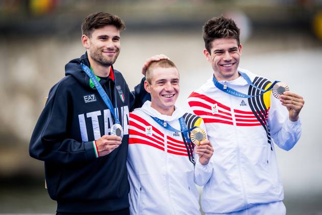 Italian silver medallist Filippo Ganna, Belgian gold medallist Remco Evenepoel and Belgian bronze medallist Wout van Aert pictured during the podium ceremony of the men s time trial event at the Paris 2024 Olympic Games, Olympische Spiele, Olympia, OS on Saturday 27 July 2024 in Paris, France . The Games of the XXXIII Olympiad are taking place in Paris from 26 July to 11 August. The Belgian delegation counts 165 athletes in 21 sports. JASPERxJACOBS  x97177112x