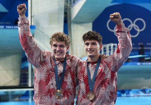 July 29, 2024, Paris, FRANCE: Canada s Nathan Zsombor-Murray, right, and Rylan Wiens react after winning the bronze medal in Men s Synchronized 10m Platform Diving at the Paris Summer Olympics in Paris, France on Monday, July 29, 2024. Canada News - July 29, 2024  - ZUMAc35_ 20240729_zaf_c35_044 Copyright: xNathanxDenettex