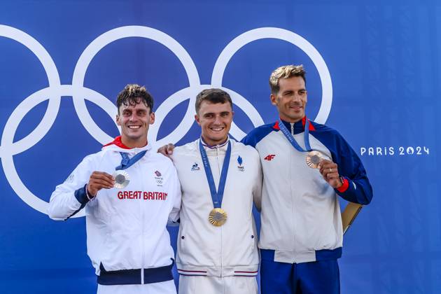 GESTIN Nicolas of France, BURGESS Adam of great britain, BENUS Matej of Slovakia Canoe Slalom Men s Canoe Single Final, podium, during the Olympic Games, Olympische Spiele, Olympia, OS Paris 2024 on 29 July 2024 at Vaires-sur-Marne Nautical Stadium in Vaires-sur-Marne, France - Photo Gregory Lenormand DPPI Media Panoramic OLYMPIC GAMES PARIS 2024 - 29 07 DPPI Panoramic  21024006_GRL_13769