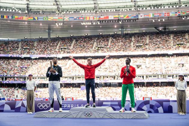 240804 Leo Neugebauer of Germany (silver), Markus Rooth of Norway (gold) and Lindon Victor of Grenada celebrate on the pocium at the medal ceremony for men™s athletics decathlon during day 9 of the Paris 2024 Olympic Games, Olympische Spiele, Olympia, OS on August 4, 2024 in Paris. Photo: Vegard Grott BILDBYRAN kod VG JM0594 bbeng friidrott athletics friidrett olympic games olympics os ol olympiska spel olympiske leker paris 2024 paris-os paris-ol os-guld guld jubel os-guld 2404 norge norway Copyright: VEGARDxGRoTT BB240804VG073