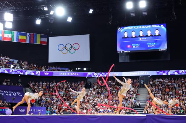 Italy team group, Mannschaftsbild, Totale (ITA), AUGUST 10, 2024 - Rhythmic gymnastics, Rhythmische Sportgymnastik, RSG : Group All-Around Final during the Paris 2024 Olympic Games, Olympische Spiele, Olympia, OS at Porte de La Chapelle Arena in Paris, France. (262920524)