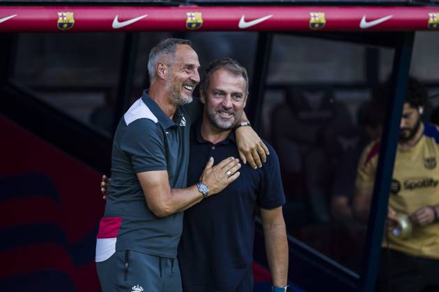 Sport Themen der Woche KW33 August 12, 2024, Barcelona, Barcelona, Spain: Hansi Flick, head coach of FC Barcelona, Barca saludates to Adi Hutter, head coach of AS Monaco, during the Trofeo Joan Gamper, match played between FC Barcelona and AS Monaco at Estadio Olimpico de Montjuic on August 12, 2024 in Barcelona, Spain. Barcelona Spain - ZUMAa181 20240812_zaa_a181_071 Copyright: xJavierxBorregox