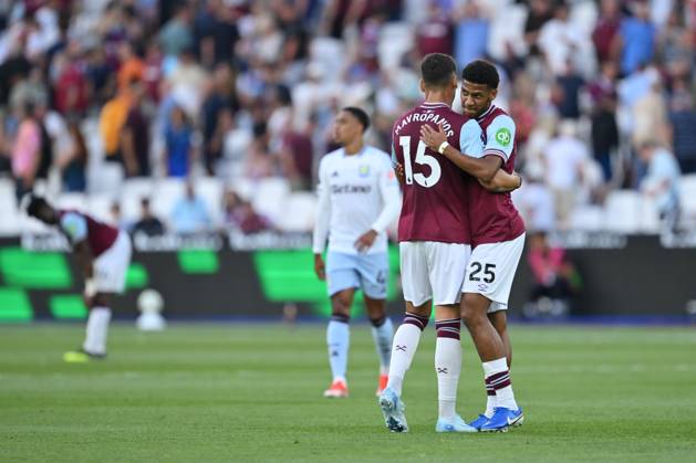 Football - Premier League - West Ham United vs Aston Villa - London Stadium - Saturday 17th August 2024. West Ham United s Jean-Clair Todibo (r) with Konstantinos Mavropanos after their 2-1 defeat. COLORSPORT ASHLEY WESTERN