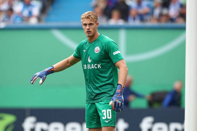 18.08.2024, xtgx, Fussball DFB Pokal 1. Runde, FC Hansa Rostock - Hertha BSC Berlin emspor, v.l. Max Hagemoser (Rostock, 30) (DFL DFB REGULATIONS PROHIBIT ANY USE OF PHOTOGRAPHS as IMAGE SEQUENCES and or QUASI-VIDEO) Rostock