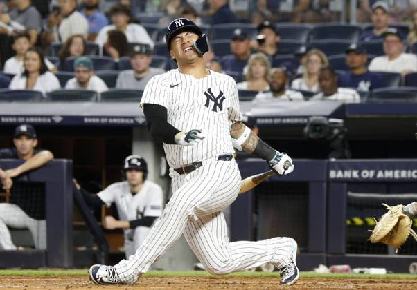 New York Yankees Gleyber Torres reacts after getting hit by a foul tip in the 4th inning against the Colorado Rockies at Yankee Stadium on Friday, August 23, 2024 in New York City.  NYP20240823101 JOHNxANGELILLO