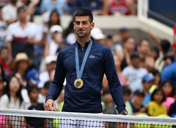 FLUSHING NY- AUGUST 24: Novak Djokovic is seen with his Olympic Gold Medal during Arthur Ashe Kids Day at the USTA Billie Jean King National Tennis Center on August 24, 2024 in Flushing Queens. Copyright: xmpi04x