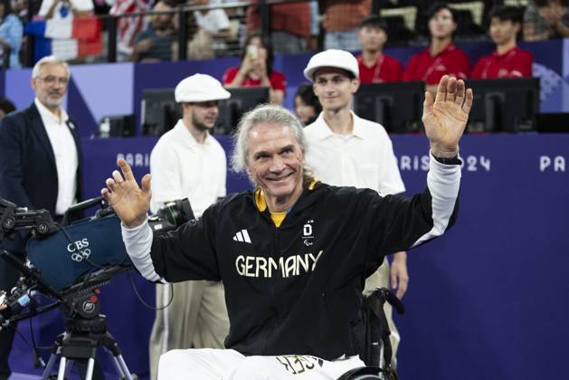 PARIS, FRANCE - SEPTEMBER 02: Thomas WANDSCHNEIDER (GER), startclass WH1 wins the bronce medal and celebrates during the winning ceremony Paris 2024 Summer Paralympic Games at Porte de la Chapelle Arena on September 02, 2024 in Paris, France. (Photo by Mika Volkmann DBS)