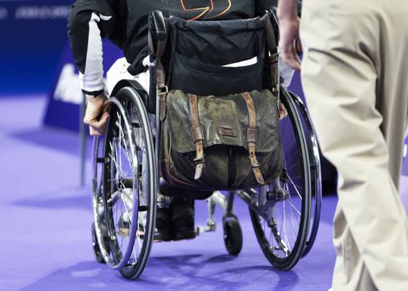 PARIS, FRANCE - SEPTEMBER 02: Thomas WANDSCHNEIDER (GER), startclass WH1 wins the bronce medal and celebrates during the winning ceremony Paris 2024 Summer Paralympic Games at Porte de la Chapelle Arena on September 02, 2024 in Paris, France. (Photo by Mika Volkmann DBS)