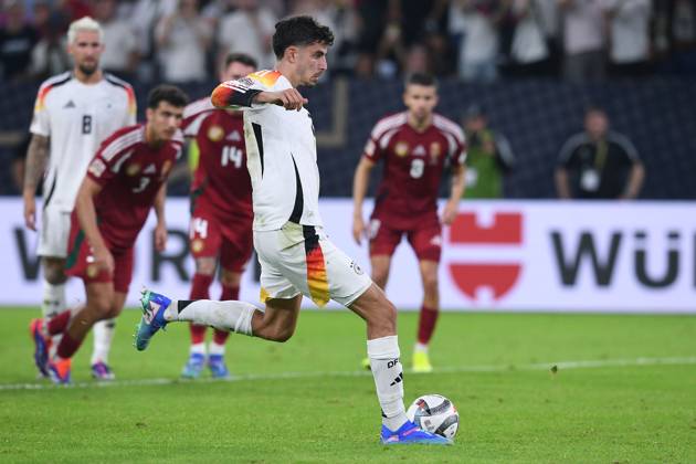 Fußball UEFA Nations League Deutschland - Ungarn am 07.09.2024 in der Merkur Spiel-Arena in Düsseldorf Kai Havertz ( Deutschland ) schießt einen Elfmeter zum 5:0 DFB regulations prohibit any use of photographs as image sequences and or quasi-video.