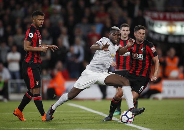 AFC Bournemouth v Manchester United, ManU - Premier League - Vitality Stadium April 18, 2018 - Bournemouth, United Kingdom - Paul Pogba of Manchester United goes down under a tackle by Andrew Surman of Bournemouth during the premier league match at the Vitality Stadium, Bournemouth. Picture date 18th April 2018. Picture credit should read: David Klein Sportimage Bournemouth United Kingdom EDITORIAL USE ONLY Copyright: xx ZUMA-20180418_zaf_si1_062.jpg DavidxKleinx csmphototwo392124