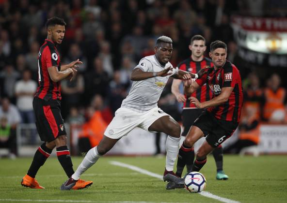 AFC Bournemouth v Manchester United, ManU - Premier League - Vitality Stadium April 18, 2018 - Bournemouth, United Kingdom - Paul Pogba of Manchester United goes down under a tackle by Andrew Surman of Bournemouth during the premier league match at the Vitality Stadium, Bournemouth. Picture date 18th April 2018. Picture credit should read: David Klein Sportimage Bournemouth United Kingdom EDITORIAL USE ONLY Copyright: xx ZUMA-20180418_zaf_si1_063.jpg DavidxKleinx csmphototwo392127