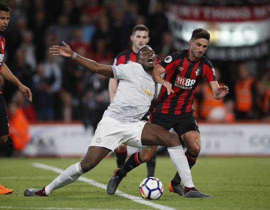 AFC Bournemouth v Manchester United, ManU - Premier League - Vitality Stadium April 18, 2018 - Bournemouth, United Kingdom - Paul Pogba of Manchester United goes down under a tackle by Andrew Surman of Bournemouth during the premier league match at the Vitality Stadium, Bournemouth. Picture date 18th April 2018. Picture credit should read: David Klein Sportimage Bournemouth United Kingdom EDITORIAL USE ONLY Copyright: xx ZUMA-20180418_zaf_si1_060.jpg DavidxKleinx csmphototwo392151