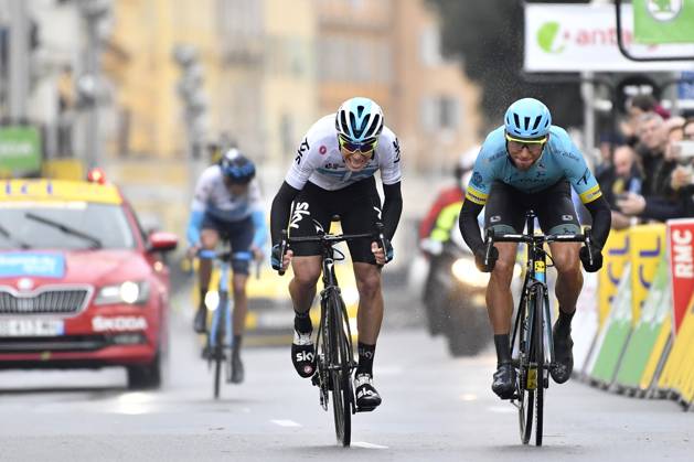 Paris-Nice 2018 stage 8 NICE, FRANCE - MARCH 11 : DE LA CRUZ MELGAREJO David (ESP) of Team SKY wins before FRAILE MATARRANZ Omar (ESP) of Astana Pro Team during stage 8 of the 2018 Paris - Nice cycling race with start and finish in Nice (110 km) on March 11, 2018 in Nice, France, 11 03 2018 Nice France Copyright: xPeterxDexVoechtx 10700095-036
