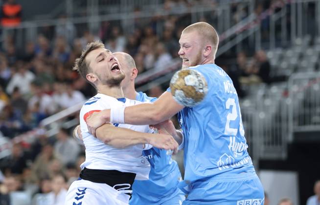 HC Zagreb v Aalborg Handbold - EHF Champions League ZAGREB, CROATIA - SEPTEMBER 18: Ihar Bialiauski of HC Zagreb in action against Felix Moller of Aalborg Handbold during EHF Champions League Group Phase match between HC Zagreb and Aalborg Handbold at Arena Zagreb on September 18, 2024 in Zagreb, Croatia. SanjinxStrukic PIXSELL