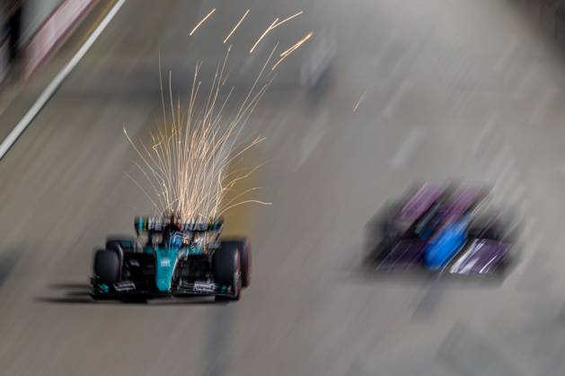 MARINA BAY, SINGAPORE: George Russell, racing for the Mercedes F1 team during the 2024 Formula 1 Singapore Grand Prix at the Marina Bay Street Circuit in Marina Bay, Singapore